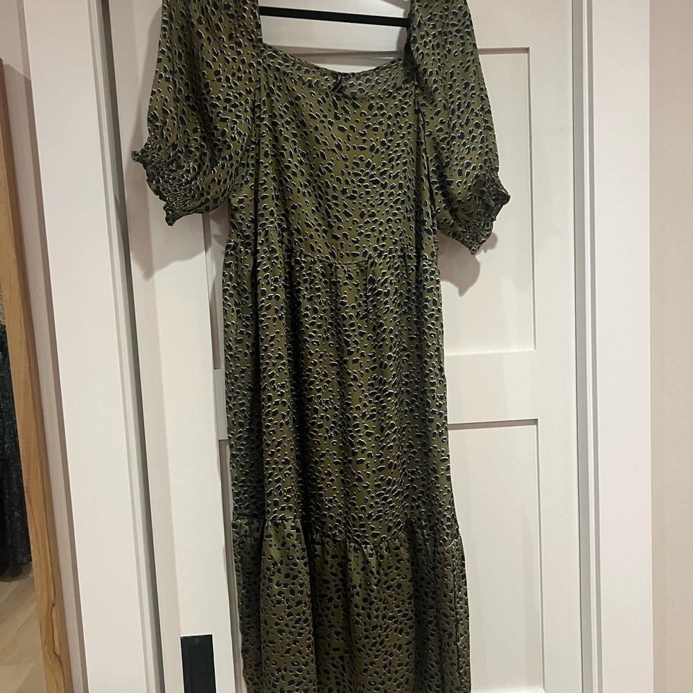 Saks Fifth Avenue Olive Patterned Long Sleeve Dress